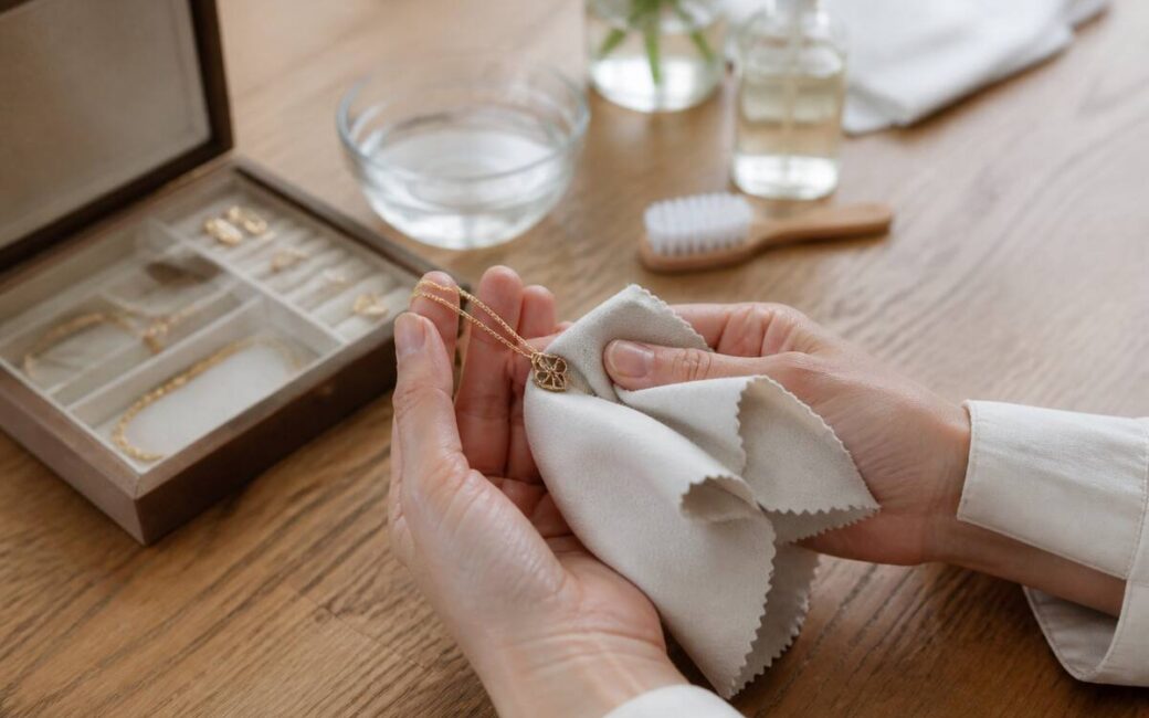 Iemand die een halsketting voorzichtig schoonmaakt met een microvezeldoek
