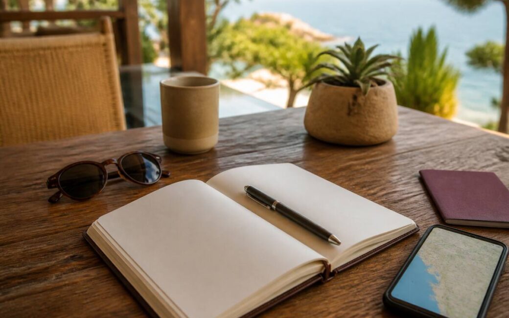 Vakantieplanning met notitieboek, paspoort en zonnebril op tafel