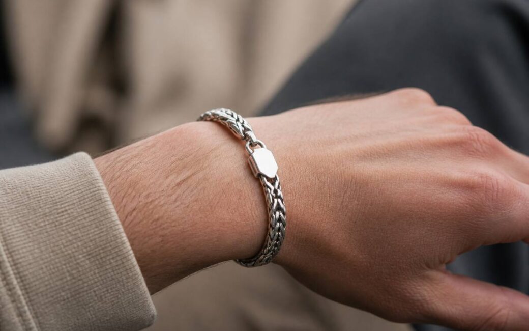 Detailfoto van een armband om de pols bij natuurlijk licht, met focus op materiaal en sluiting