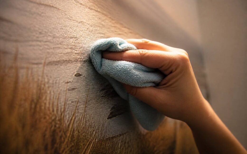 Iemand die fotobehang voorzichtig schoonmaakt met een zachte microvezeldoek
