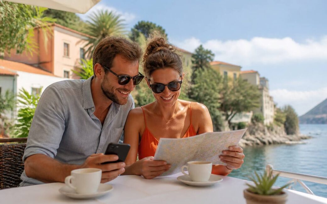 Vakantie vergelijken met inspiratie: ontspannen op een terras aan het water met kaart en telefoon
