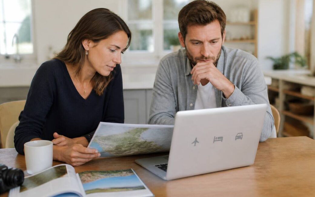 Samen reizen vergelijken aan een keukentafel met laptop en reisgids