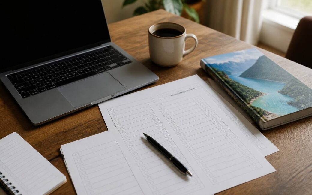 Realistische foto van een reischecklist met reisgids en laptop op een bureau, zonder tekst op de papieren