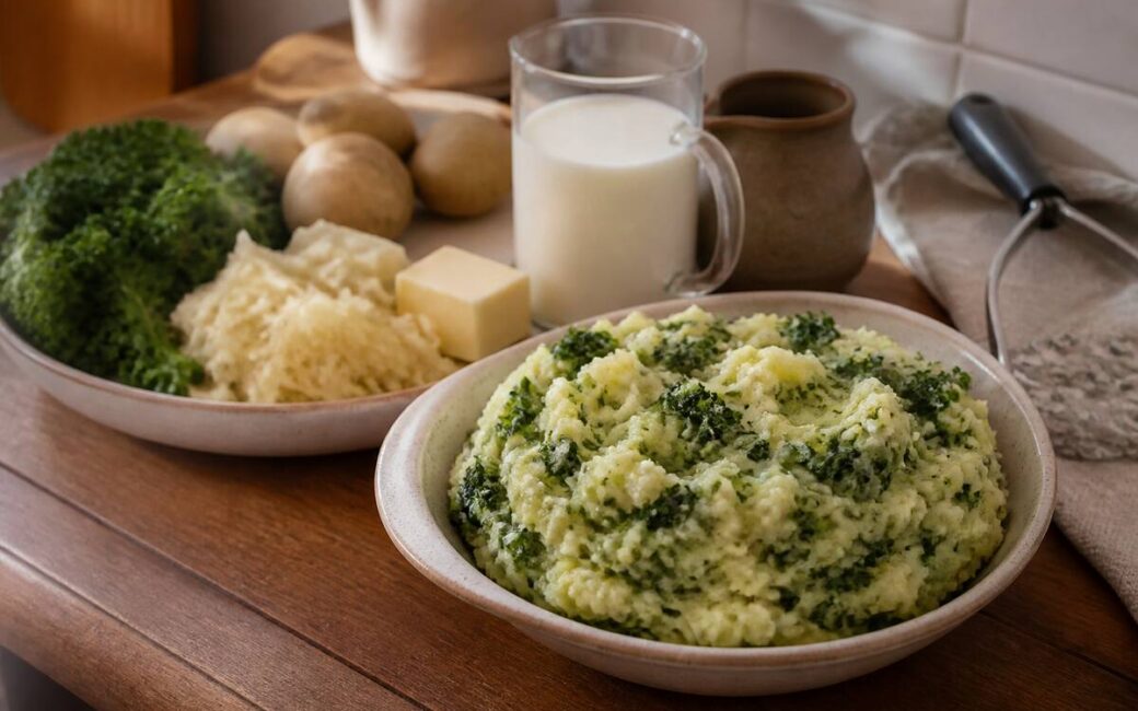Kom met romige stamppot en ingrediënten op een houten aanrecht bij natuurlijk daglicht