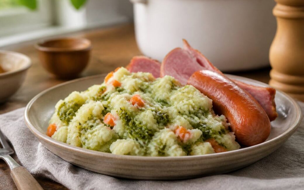 Stamppot recepten klaar op een warm bord, met zichtbare structuur van aardappelpuree en groente
